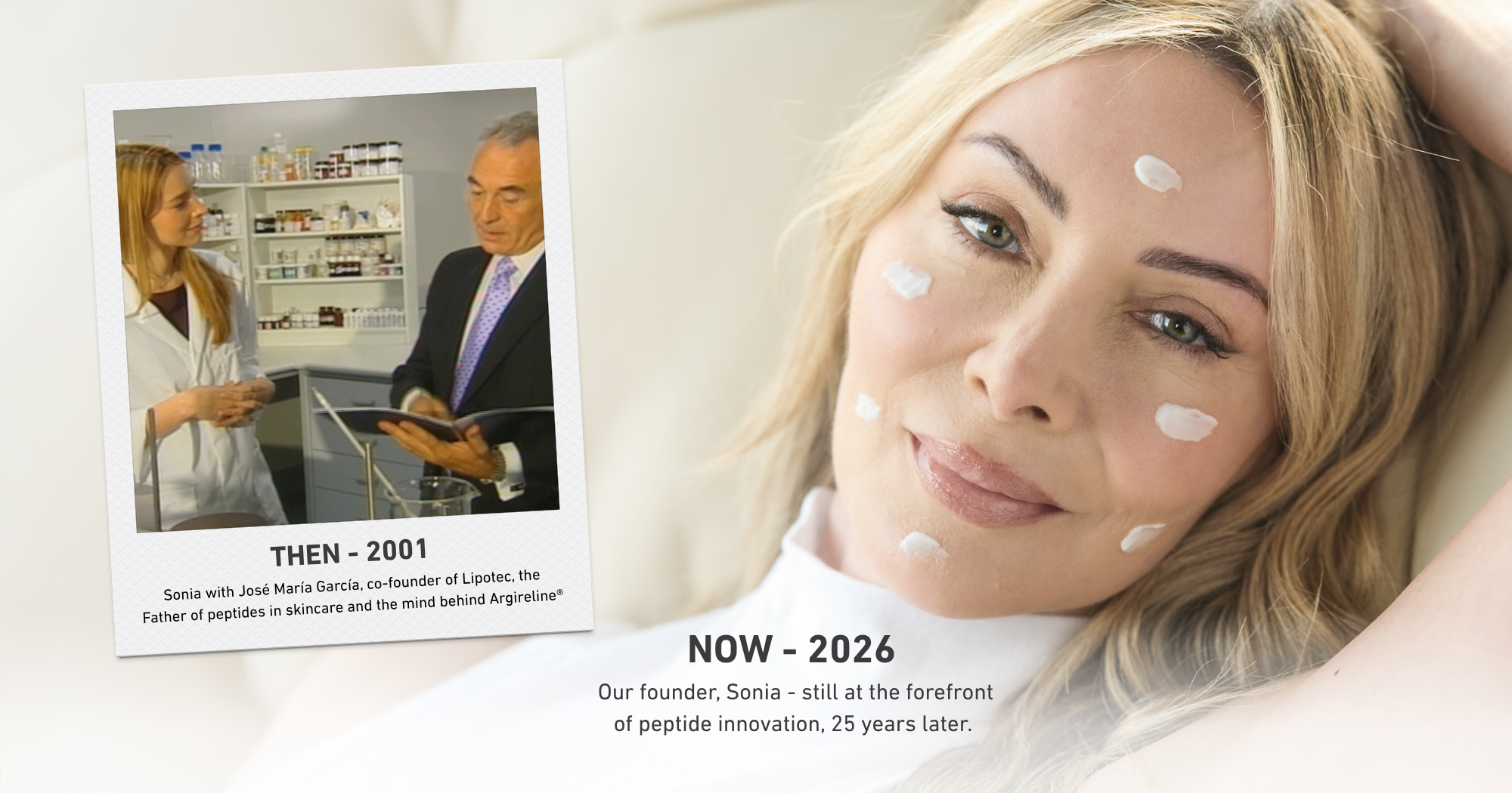 freezeframe founder Sonia with José María García, co-founder of Lipotec, pictured in 2001 and today.