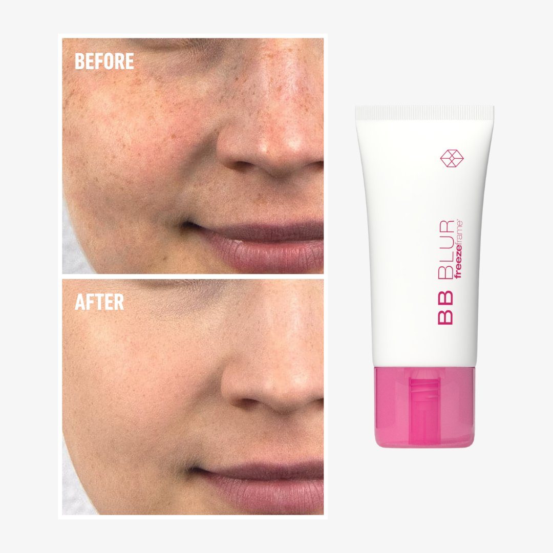 BB BLUR before and after showing visibly smoother, more even-looking skin