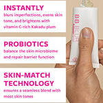freezeframe BB BLUR key ingredients and results: instantly blurs imperfections evens skin tone and brightens with vitamin C-rich Kakadu plum, probiotics balance the skin microbiome and repair barrier function, skin-match technology ensures a seamless blend