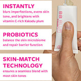 freezeframe BB BLUR key ingredients and results: instantly blurs imperfections evens skin tone and brightens with vitamin C-rich Kakadu plum, probiotics balance the skin microbiome and repair barrier function, skin-match technology ensures a seamless blend