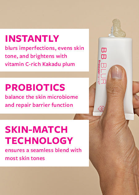 freezeframe BB BLUR key ingredients and results: instantly blurs imperfections evens skin tone and brightens with vitamin C-rich Kakadu plum, probiotics balance the skin microbiome and repair barrier function, skin-match technology ensures a seamless blend