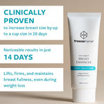 freezeframe BREAST ENHANCER results infographic: clinically proven to increase breast size by up to a cup size in 28 days, noticeable results in just 14 days, lifts, firms and maintains breast fullness, even during weight loss