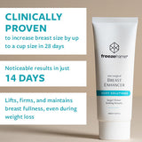 freezeframe BREAST ENHANCER results infographic: clinically proven to increase breast size by up to a cup size in 28 days, noticeable results in just 14 days, lifts, firms and maintains breast fullness, even during weight loss