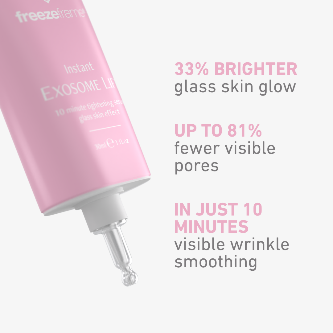 freezeframe Instant EXOSOME LIFT results for brighter glass skin glow, fewer visible pores and visible wrinkle smoothing