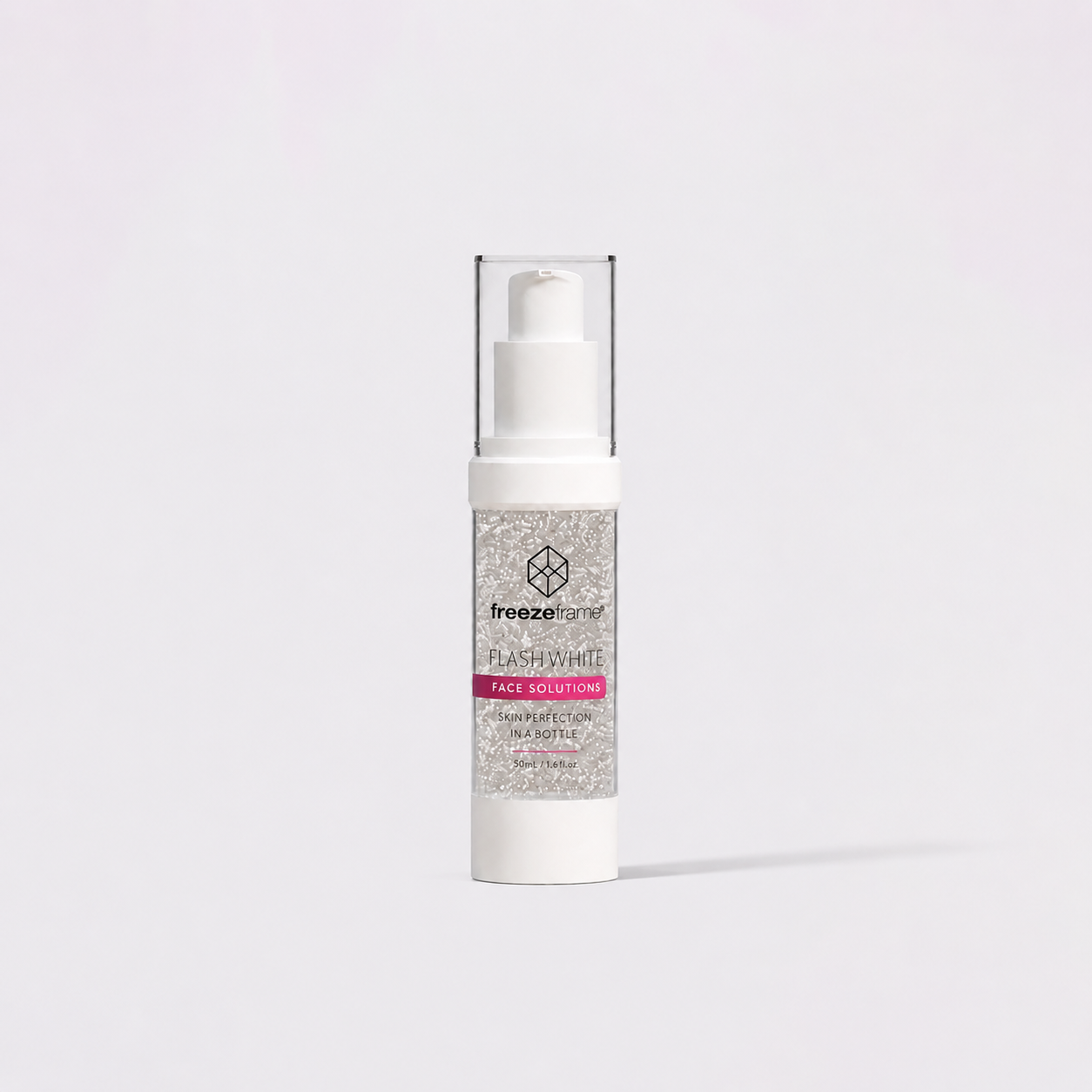 Freezeframe FLASH WHITE brightening serum for dark spots, pigmentation and uneven skin tone in a white airless pump bottle. 