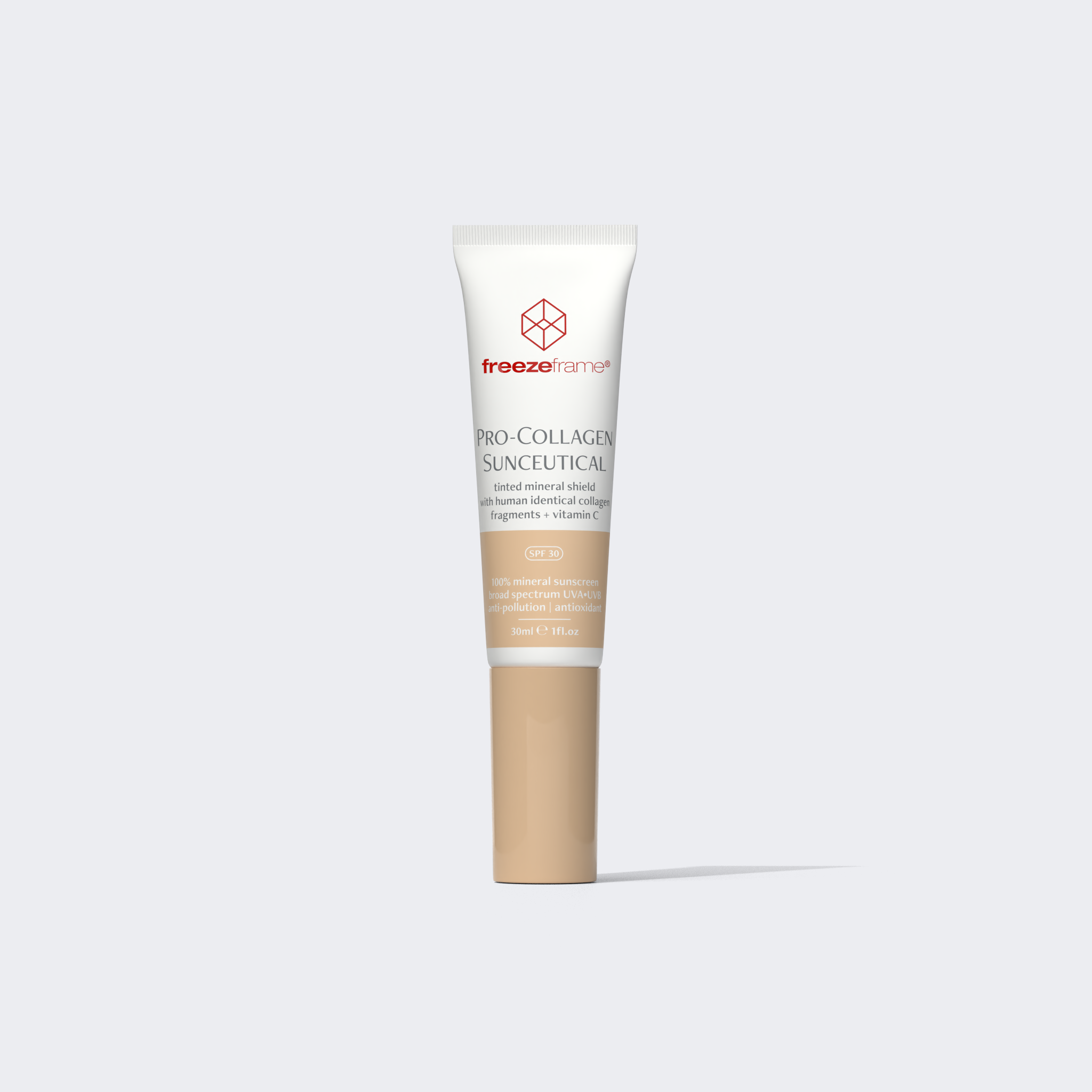 Freezeframe PRO-COLLAGEN SUNCEUTICAL SPF 30 tinted mineral sunscreen with human-identical collagen and vitamin C in a 30mL tube.