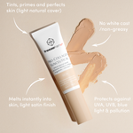 freezeframe PRO-COLLAGEN SUNCEUTICAL results infographic: tints, primes and perfects skin, no white cast/non-greasy, melts instantly into skin, light satin finish, protects against UVA, UVB, blue light and pollution
