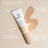 freezeframe PRO-COLLAGEN SUNCEUTICAL results infographic: tints, primes and perfects skin, no white cast/non-greasy, melts instantly into skin, light satin finish, protects against UVA, UVB, blue light and pollution
