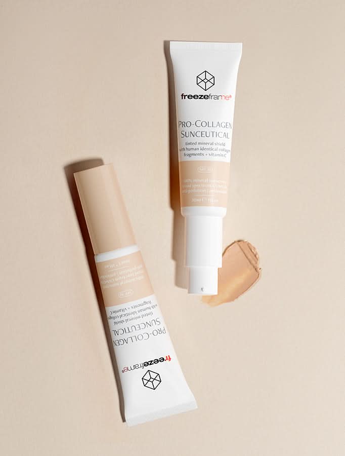 freezeframe PRO-COLLAGEN SUNCEUTICAL product tube and swatch showing colour-correcting cream texture 