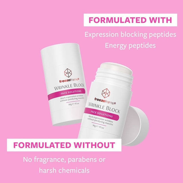 freezeframe WRINKLE BLOCK key ingredients: Expression blocking peptides, Energy peptides, formulated without fragrance, parabens or harsh chemicals