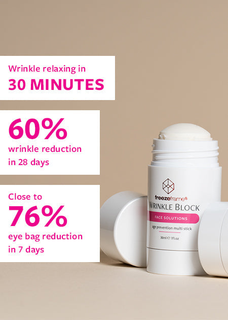 freezeframe WRINKLE BLOCK results infographic: wrinkle relaxing in 30 minutes, 60% wrinkle reduction in 28 days, close to 76% eye bag reduction in 7 days
