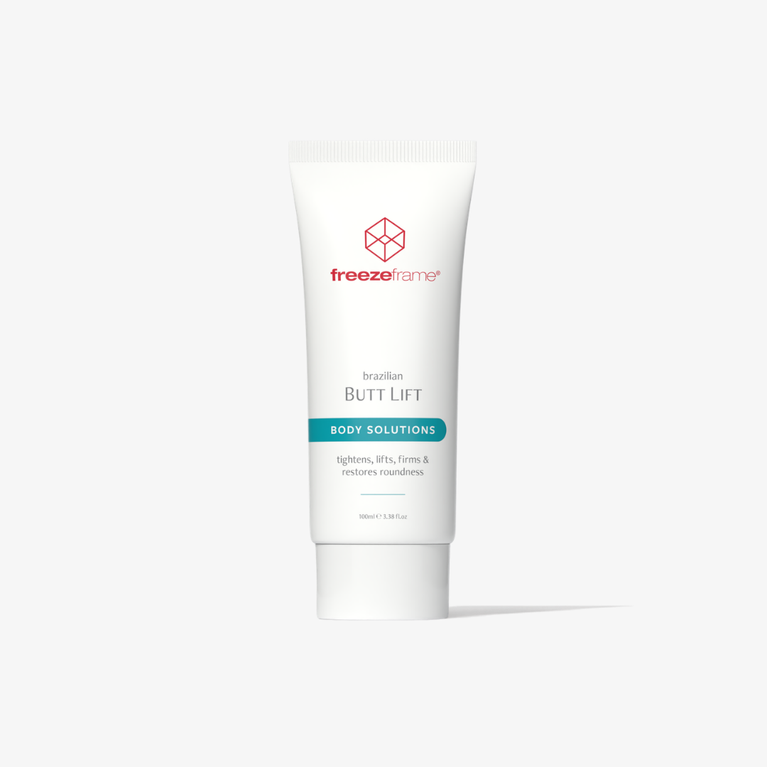 freezeframe Brazilian BUTT LIFT 100ml buttock firming and lifting cream in white packaging, designed to tighten, lift and firm the appearance of the buttocks for a smoother, rounder-looking shape.