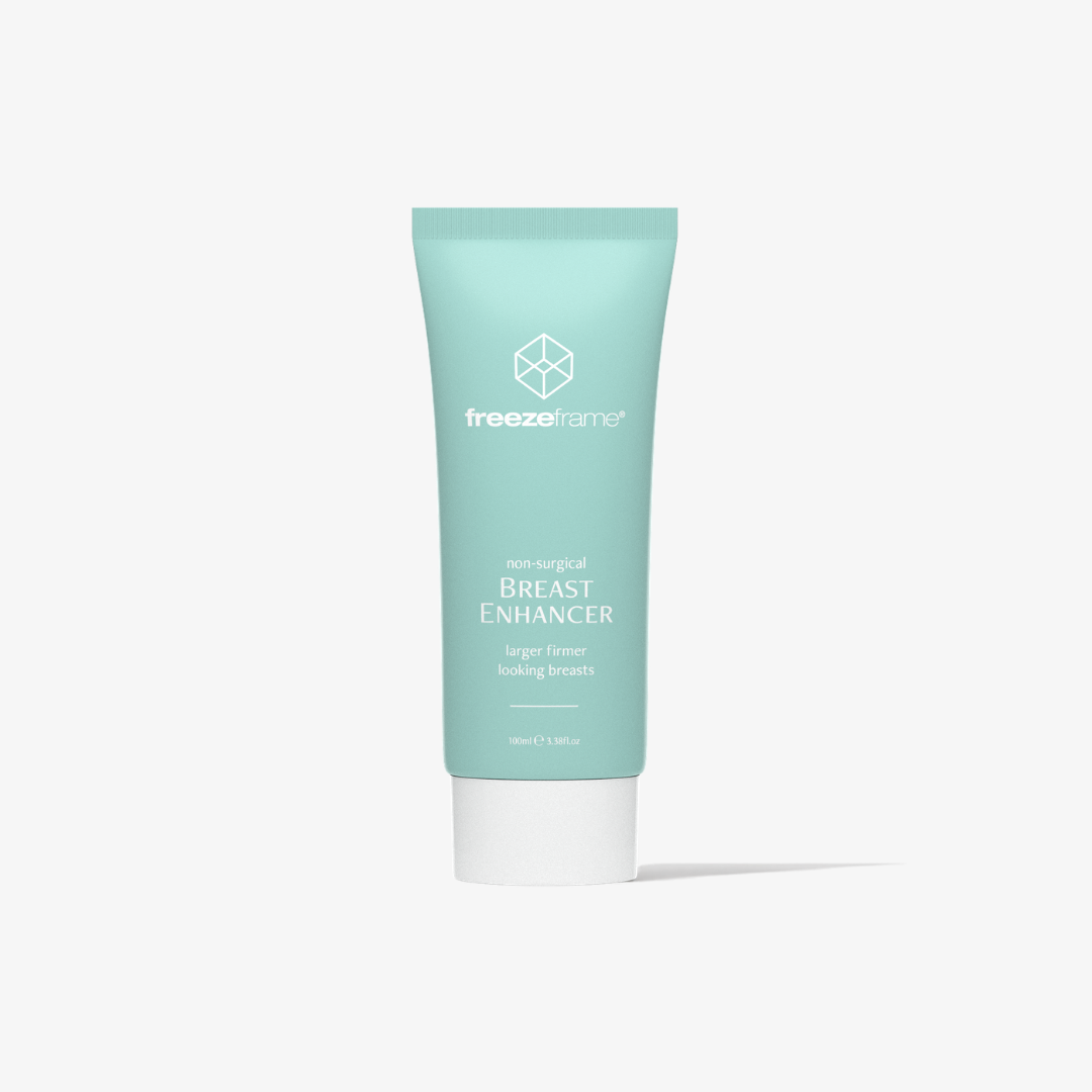 freezeframe BREAST ENHANCER non-surgical breast enhancing cream in a 100ml turquoise tube, formulated for larger, firmer-looking breasts.