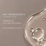 freezeframe eyelid lift texture photo of clear serum for eyelids highlighting powerful lifting peptides and hyaluronic acid as key ingredients