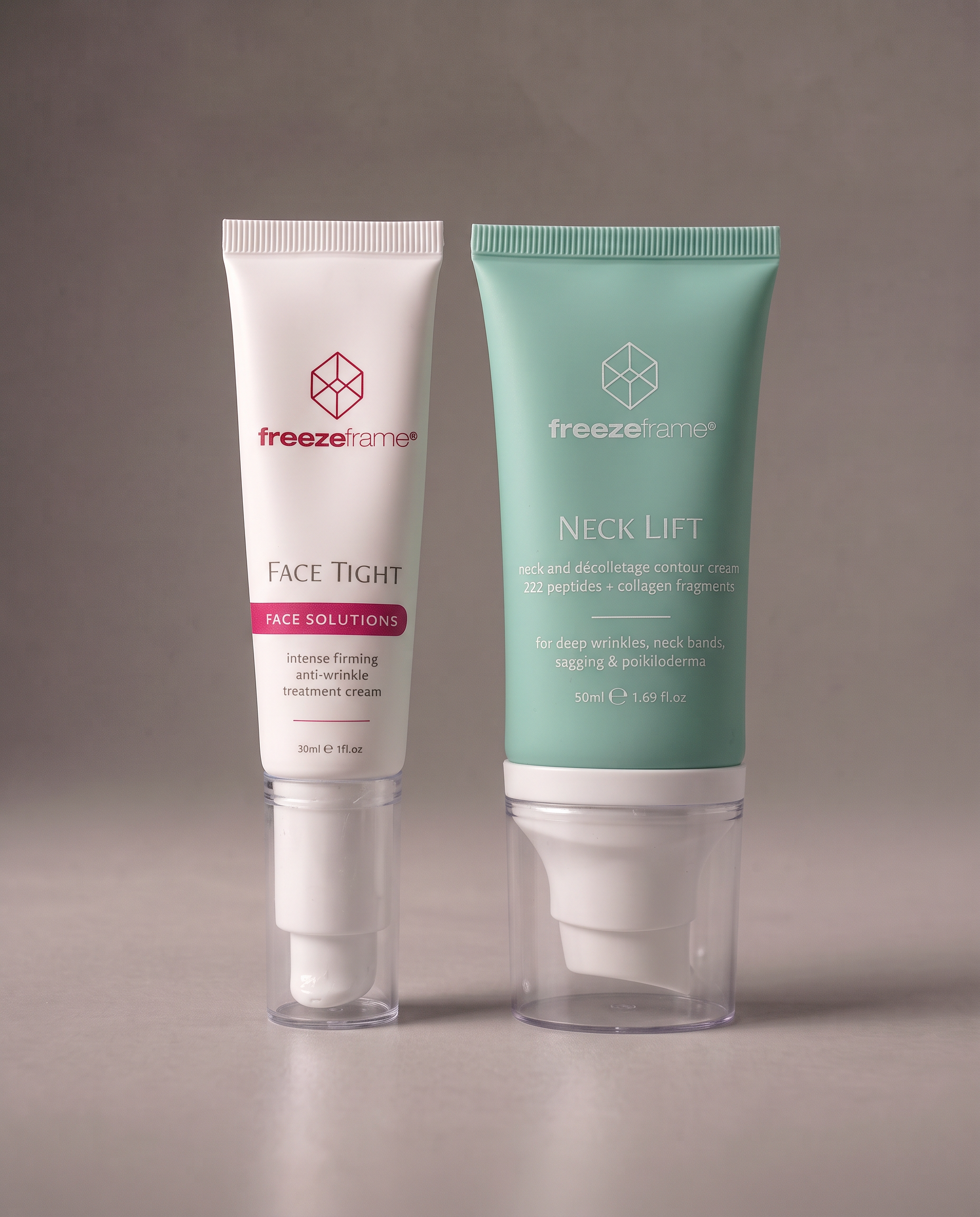freezeframe FACE AND NECK SET featuring FACE TIGHT 30ml firming anti-wrinkle face cream and NECK LIFT 50ml neck and décolletage contour cream with peptides and collagen fragments.