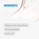 freezeframe LIP INJECTION key ingredients including Hyaluronic Acid Filling Spheres, Volumising Peptide and Sea Fern Oil