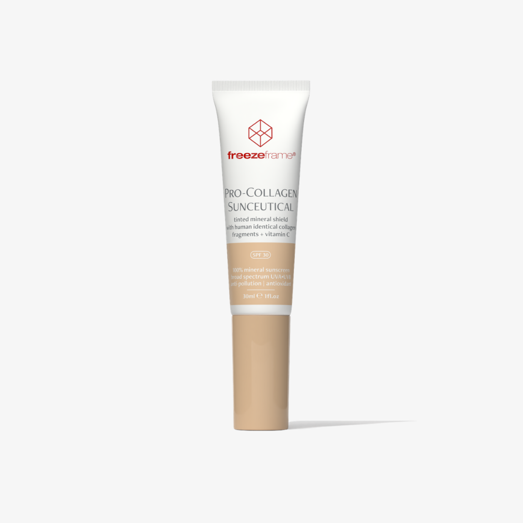 freezeframe PRO-COLLAGEN SUNCEUTICAL 30ml SPF 30 tinted mineral sunscreen with human-identical collagen fragments and vitamin C, providing broad-spectrum UVA and UVB sun protection.