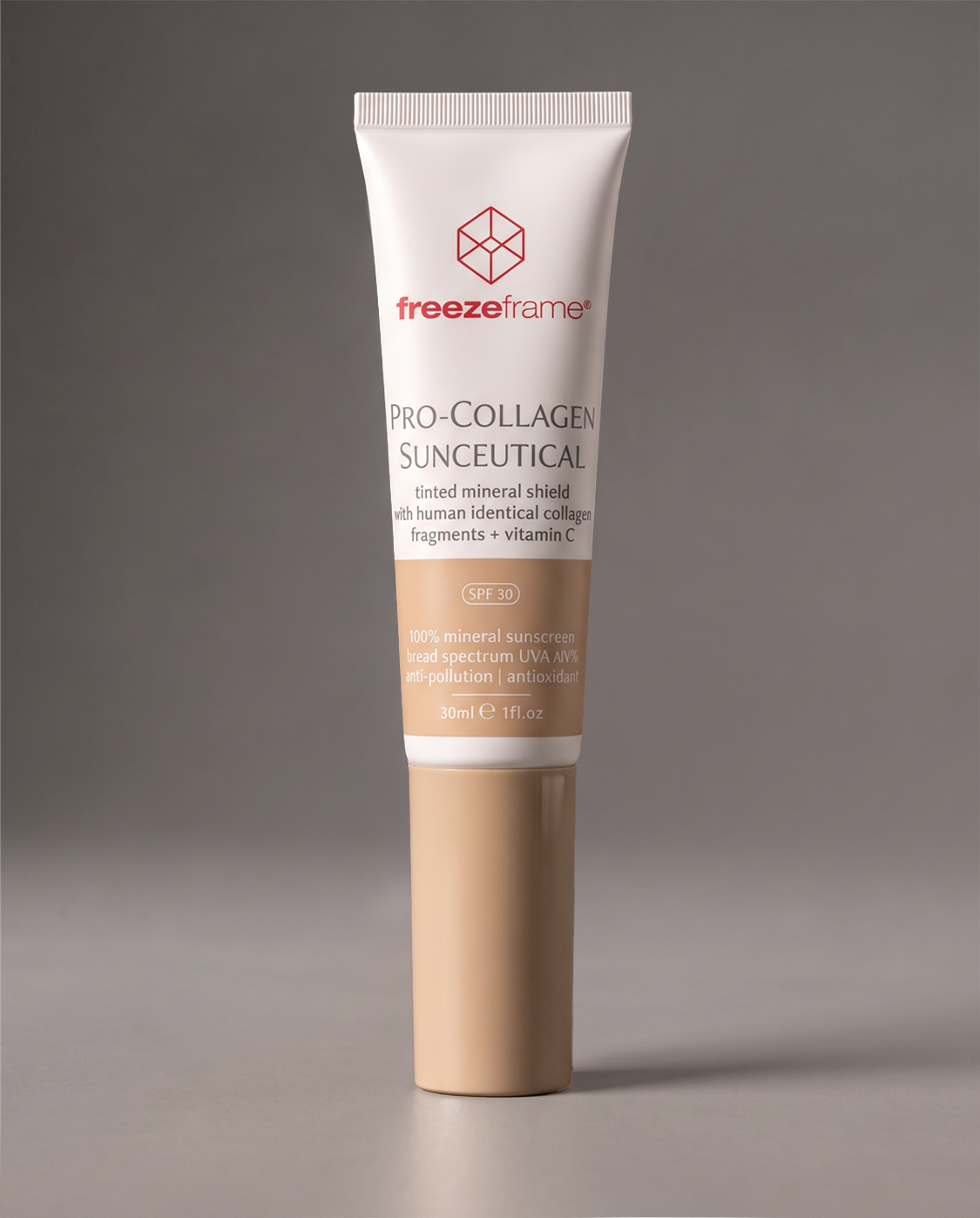 freezeframe PRO-COLLAGEN SUNCEUTICAL 30ml SPF 30 tinted mineral sunscreen with human-identical collagen fragments and vitamin C, providing broad-spectrum UVA and UVB sun protection.