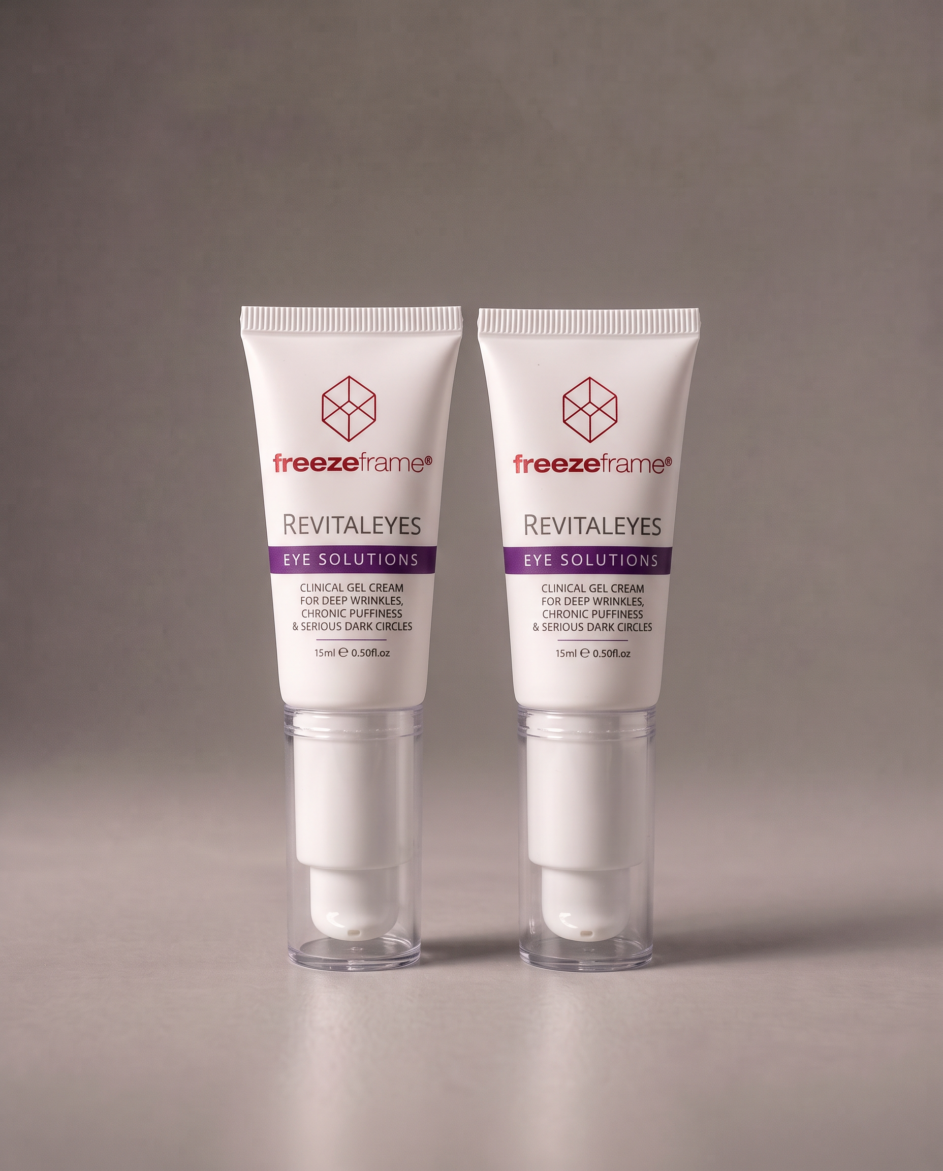 freezeframe REVITALEYES DUO featuring two 15ml tubes of clinically proven eye gel cream with cooling applicators, designed to target deep wrinkles, under-eye puffiness and dark circles.