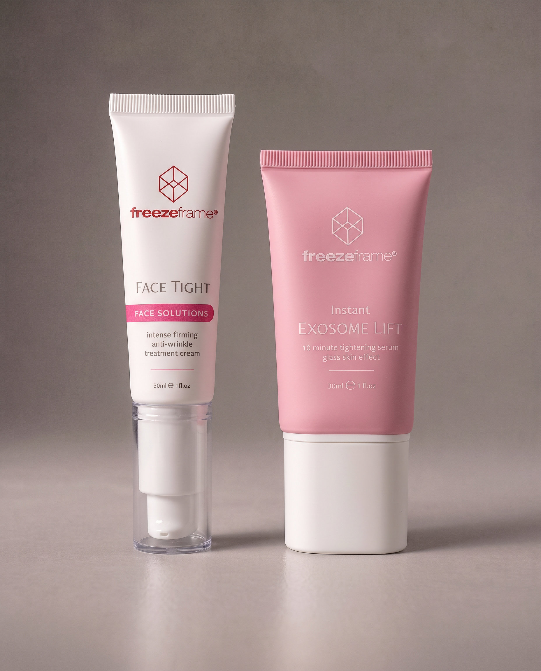 freezeframe Sonia's Essentials Set featuring FACE TIGHT 30ml firming anti-wrinkle face cream and Instant EXOSOME LIFT 30ml skin-tightening serum for a smoother, firmer-looking complexion and glass skin effect.