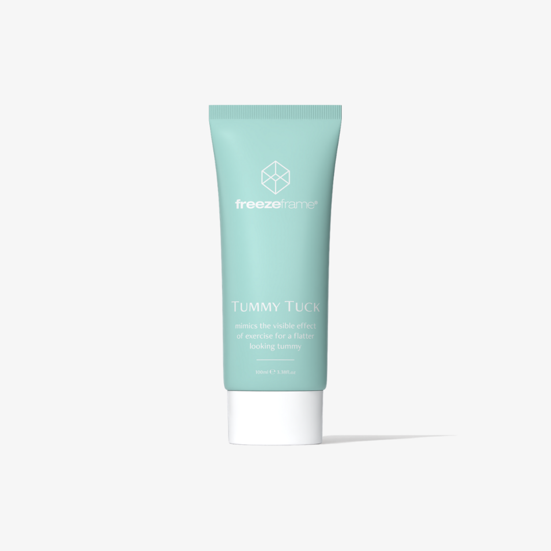 freezeframe TUMMY TUCK 100ml body contouring and firming cream in turquoise packaging, designed to help improve the appearance of the abdominal area for a smoother, firmer and flatter-looking tummy.