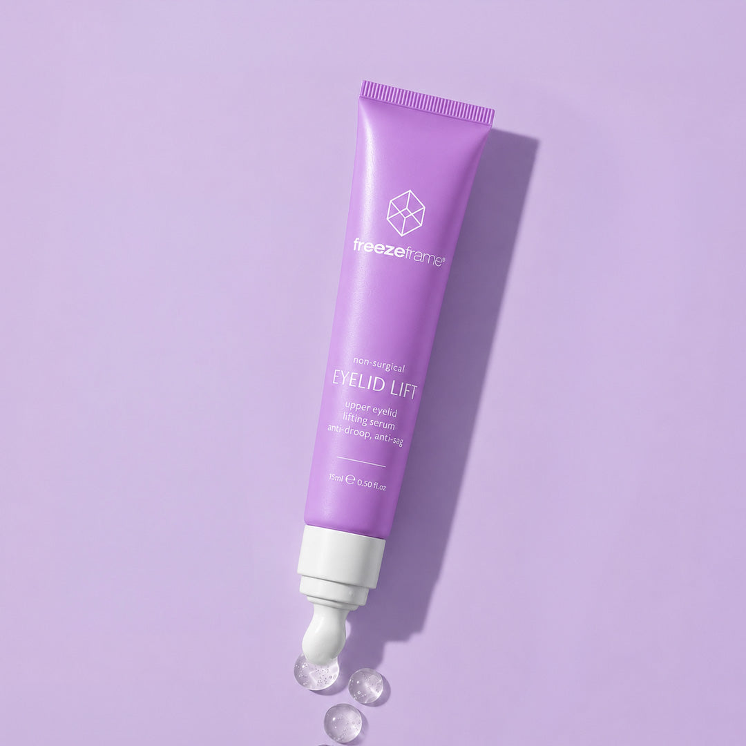 freezeframe non-surgical EYELID LIFT tube with ceramic dropper nozzle releasing clear serum gel droplets 