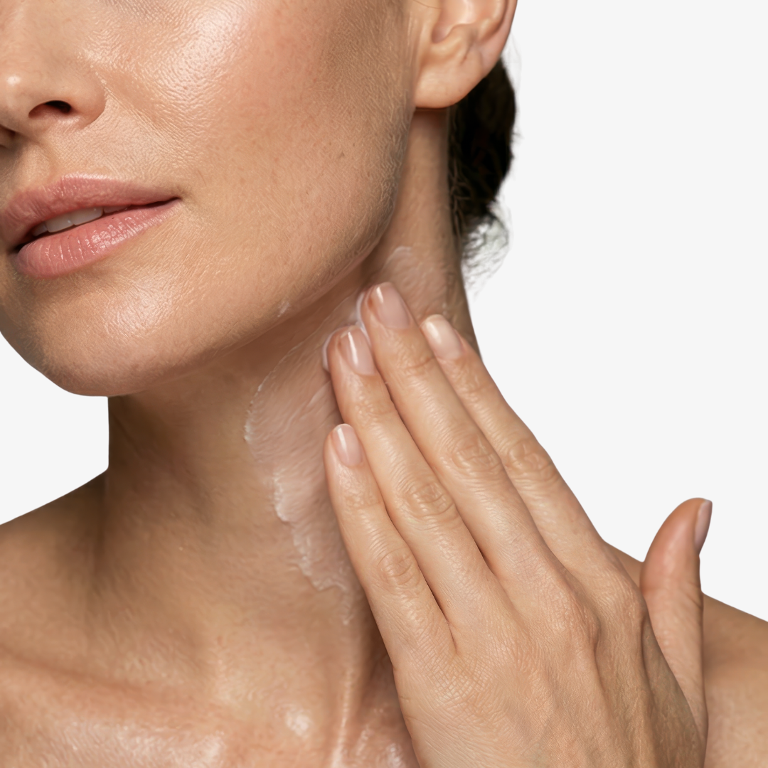 Woman applying freezeframe NECK LIFT neck and décolletage cream to her neck