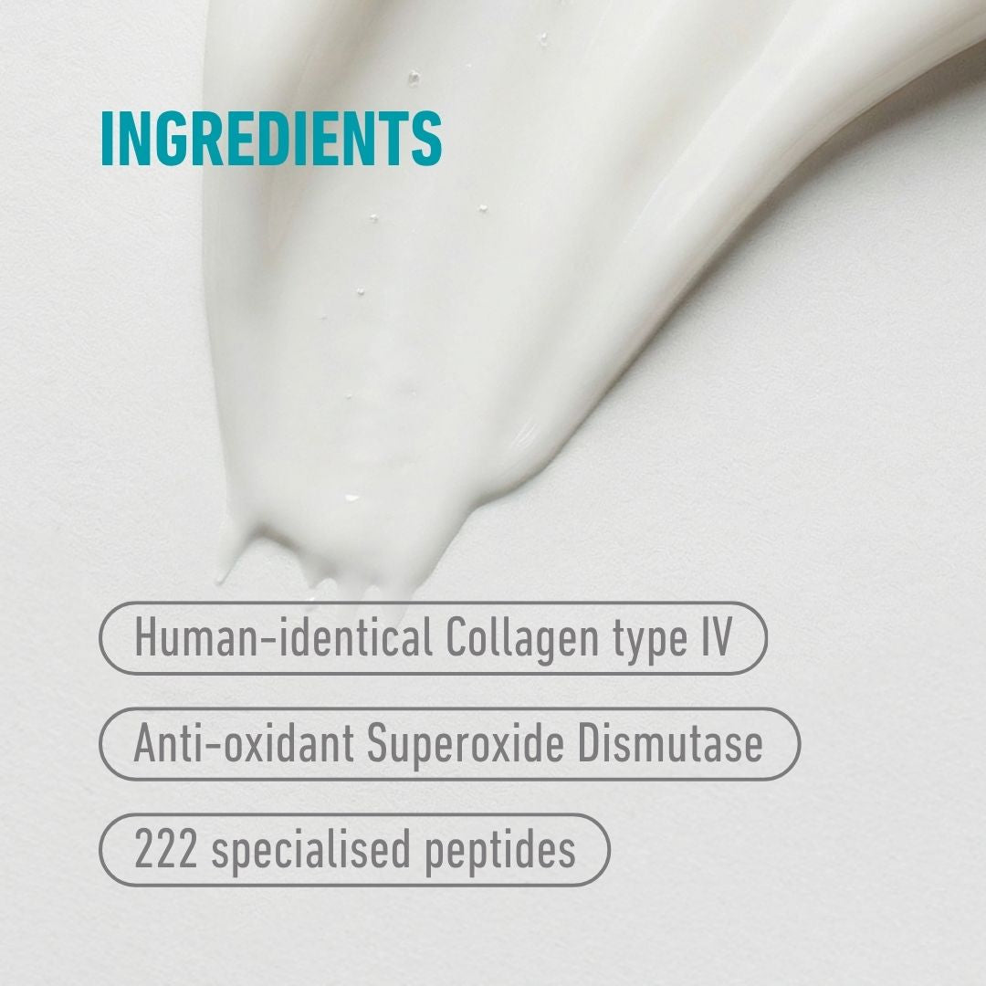 freezeframe NECK LIFT ingredients with human-identical collagen type IV, 222 specialised peptides and antioxidant superoxide dismutase