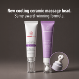 freezeframe non-surgical EYELID LIFT new packaging showing side-by-side comparison of packaging updates, highlighting the new cooling ceramic massage head, same award-winning formula