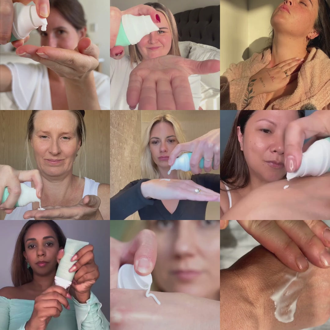 User-generated content showing customers using and applying freezeframe NECK LIFT neck and décolletage cream
